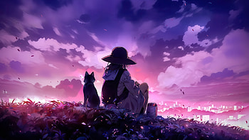 Anime Girl And Cat Watching The Sunset, anime-girl, cat, sunset, artwork, artist, art, digital-art, ai HD wallpaper