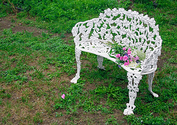 a deserted bouquet, wildflowers, old, white, bouquet, deserted, iron bench HD wallpaper