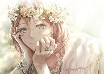 Girl, eyes, hand, nuwanko, anime, flower, face, manga, wreath HD wallpaper