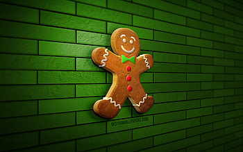 3D Gingerbread man, , green brickwall, Christmas decorations, 3D xmas biscuits, Happy New Year, Merry Christmas, 3D art, Gingerbread man, xmas decorations HD wallpaper