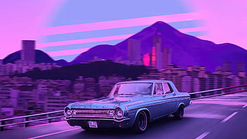 Classic Car On Synthwave Road, classic-cars, synthwave, artist, artwork, digital-art HD wallpaper