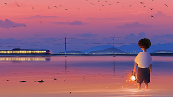 A Boy S Lantern Lit Walk Along The Calm Waters, alone, train, child, lantern, relaxing, artist, artwork, digital-art HD wallpaper