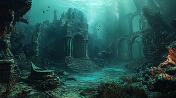 Ultra of Fantasy Underwater Ruins, fantasy, underwater ruins, ocean, coral, ancient architecture HD wallpaper