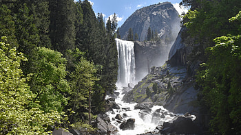 Landscape View Of Waterfall From Rocks Stones Trees Bushes Forest Mountain In Blue Sky Background Nature HD wallpaper