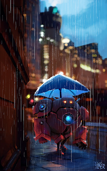 Art, Rain, Robot, Umbrella, Street HD phone wallpaper