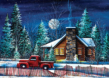 Night Watch Cabin, snow, car, winter, night, painting, moon, trees HD wallpaper