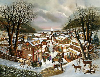 Christmas Memories, winter, artwork, painting, deer, snow, houses, village HD wallpaper