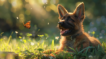 German shepherd puppy watching a butterfly, Joy, german shepherd, puppy, butterfly, cute HD wallpaper