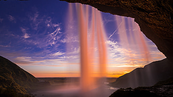 Iceland Waterfall Cave, iceland, waterfall, sunset, cliff, mountains, mountain, nature HD wallpaper