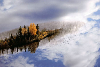 Nature's Mirror, clouds, island, lake, fall HD wallpaper