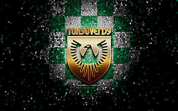 Tokyo Verdy FC, glitter logo, J2 League, green white checkered background, soccer, japanese football club, Tokyo Verdy logo, mosaic art, football, Tokyo Verdy HD wallpaper