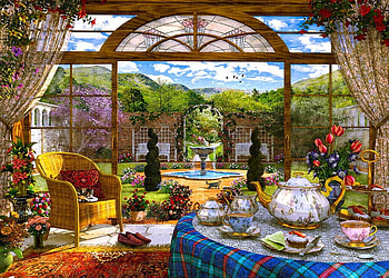 The Conservatory, teacups, table, window, garden, artwork, painting, fountain, flowers, armchair, teapot HD wallpaper