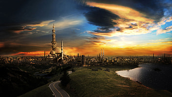 Landscape, Cities, Fantasy, Sunset, Roads, Clouds HD wallpaper
