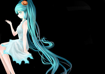 Hatsune Miku, teal, awesome, artistic, nice, digital, hatsune, real, pumpkin, aqua eyes, white, art, twintail, girl, singer, aqua, anime girl, anime, pretty, face, virtual, realistic, black, song, cute, vocaloid, dress, beauty, miku, music, vocaloids, thighhighs, program, beautiful, diva, orange, white dress, aqua hair, cool, idol HD wallpaper