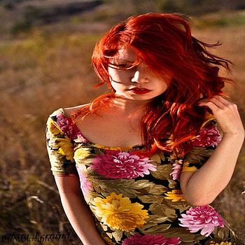 THE BEAUTY OF RED HAIR, lover, filed, spring, dress, flowered, red, pretty face, hair, young female HD wallpaper