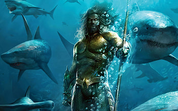 Aquaman, scary sharks, superheroes, underwater world, 3D art, Aquaman underwater HD wallpaper