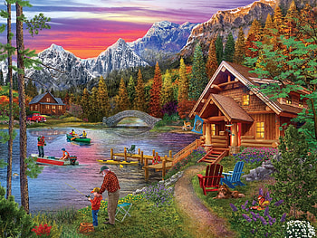 Stone Bridge at the Lake, artwork, dog, painting, boats, cabins, trees, people, mountains HD wallpaper