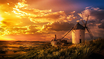 Windmills in Spain, clouds, landscape, sky, sunset, colors HD wallpaper
