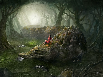 Girl riding a giant Crocodile, riding, girl, mystical, red dress, beauty, crocodile, fantasy, giant, forest HD wallpaper