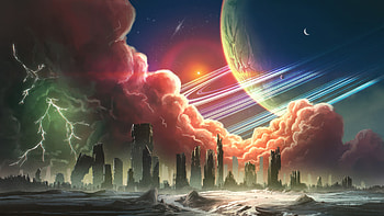 Cosmic Storm Over Alien Metropolis, storm, earth, sky, clouds, cyberpunk, artist, artwork, art, digital-art, deviantart HD wallpaper