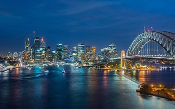 Sydney, Port Jackson Bay, Harbor Bridge, skyscrapers, evening, sunset, Sydney cityscape, Sydney panorama, Sydney skyline, Australia HD wallpaper