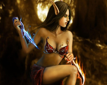 Elf With Magic Daggers, woods, fire blade, tattoo, elf, female, ice blade HD wallpaper