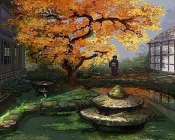 Autumn Garden, japanese, leaves, rake, woman, pond HD wallpaper