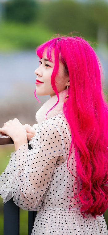 lipstick, pink hair, model, long hair, woman, asian HD phone wallpaper