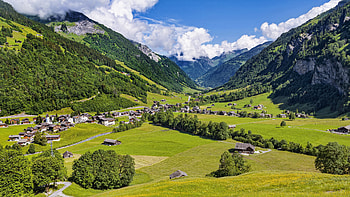 Trees, Valley, Houses, Village, Mountains, Slope, Clouds, Blue, Sky, Road, Grass Nature HD wallpaper