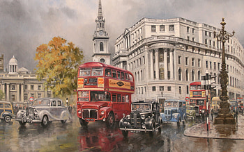 :-), city, art, car, retro, buildings, john lewis chapman, painting, pictura, red, street, bus, vintage HD wallpaper