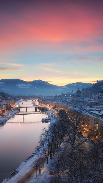 Austria Salzburg, Snow-covered bridge, City lights, Scenic cityscape HD phone wallpaper