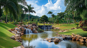 Tropical Palm Creek — Lush Grass & Palms, Quad, creek, grass, palm tree, tropical, nature HD wallpaper