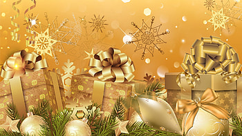 Gifts of Gold, Feliz Navidad, evergreen, spruce, fir, gold gifts, holiday, Christmas, pine, decorations, snow flakes HD wallpaper