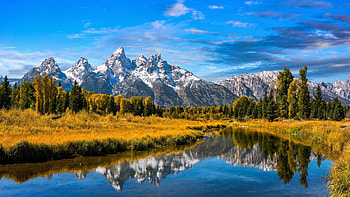 Snake River, Grand Teton NP, trees, landscape, forest, mountains, water, wyoming, usa, reflections HD wallpaper