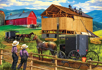 Raising the Barn, horses, coach, fence, children, painting, farm HD wallpaper