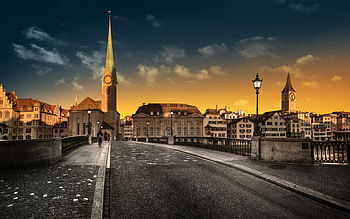 Zurich, St Peter, chapel, bridge, evening, sunset, Zurich landmark, Zurich cityscape, Switzerland HD wallpaper