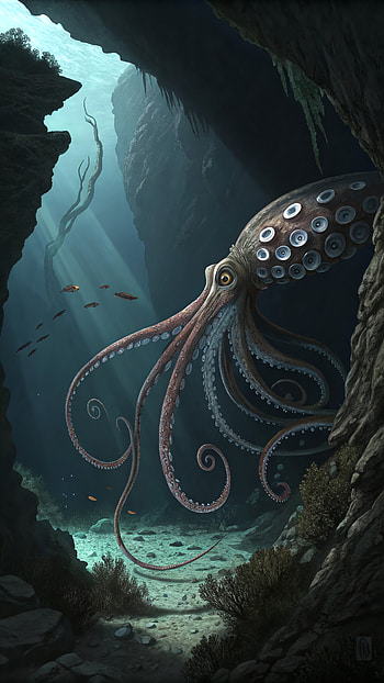 Dive into the mysterious depths of an underwater cave where a majestic octopus reigns supreme., underwater, octopus, marine life, cave, ocean HD phone wallpaper