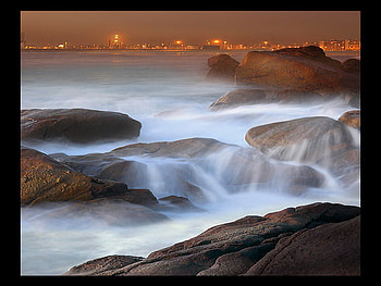 Ocean song, mist, shore, waves, city, rocks, surf, ocean HD wallpaper