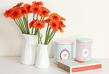Amazing orange SunShine, sunshine, white, bouquet, annie, ceramic vase, entertainment, orange, gerberas, fashion, bedroom, book, amazing, tin cans, forever HD wallpaper