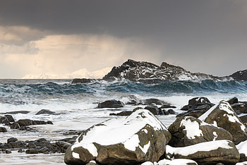 Sea, Nature, Stones, Waves, Snow, Rocks HD wallpaper