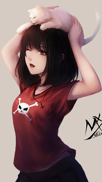 Crimson Gaze | Cat-on-Head Girl | Midnight Bob Anime, red eyes, black hair, short hair, cat, Anime, girl, anime girl, anime cat HD phone wallpaper