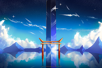 Gate, lake and mountains, reflections, anime, original HD wallpaper