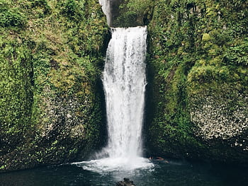 Peaceful waterfall cascading in a lush green forest, creating a tranquil atmosphere. HD wallpaper