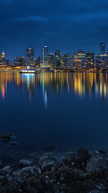 of Vancouver, Canada, Stanley Park bay at night, Coastal cityscapes, Captivating views HD phone wallpaper