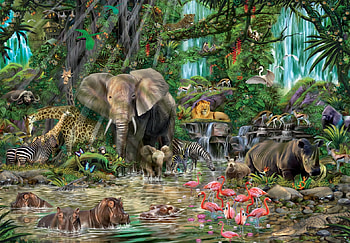 Jungle animals, jungle, painting, art, elephant, animal HD wallpaper