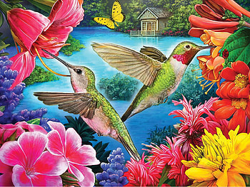 Hummingbirds Feasting By The Lake, birds, digital, art, blossoms, colors, flowers HD wallpaper