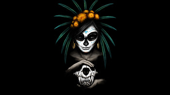 Woman, skull art on face, magician HD wallpaper