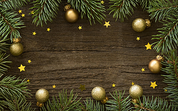 Christmas frame, , brown wooden background, Christmas background, Christmas frame with golden balls, Happy New Year HD wallpaper