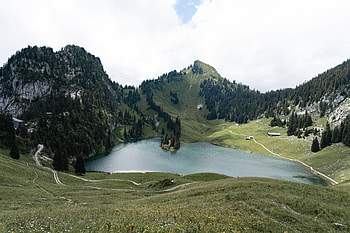 Mountain, upside lake, sunny day, nature HD wallpaper