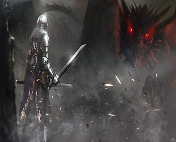 Knight vs Dragon, Knight, Dragon, Smoke, Woman, Swords, Fire HD wallpaper